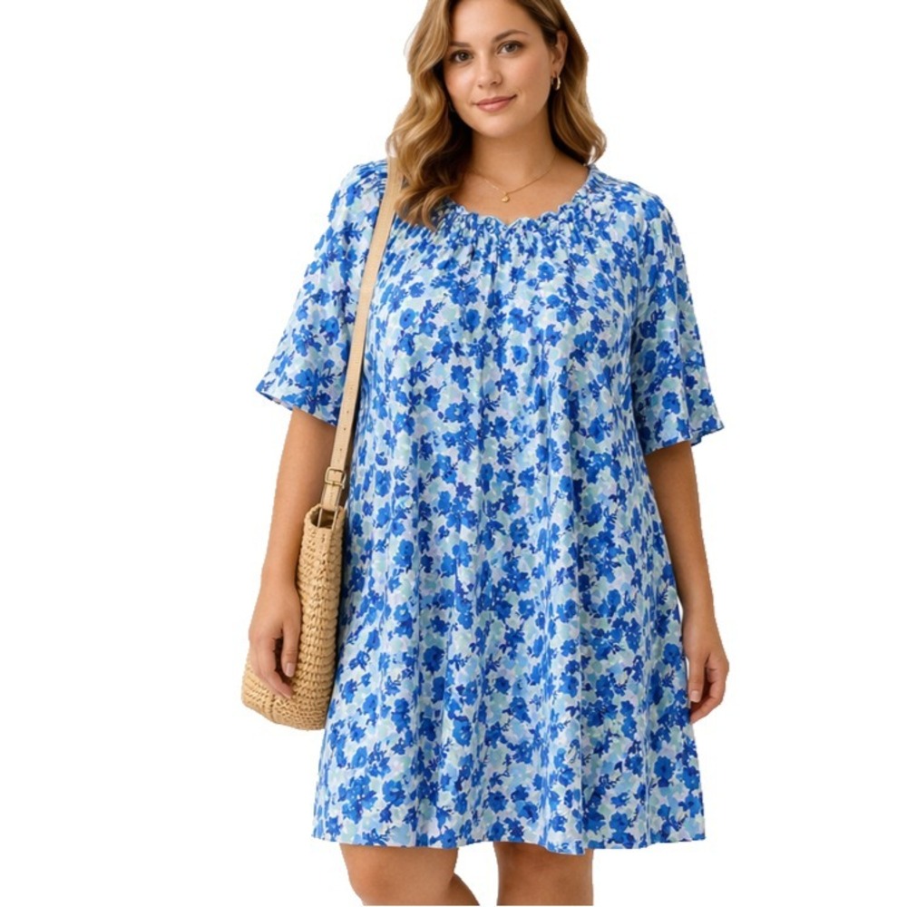 MELLODAY Size Large Blue Floral Pleated Chiffon Shift Dress Cottagecore Boho EUC